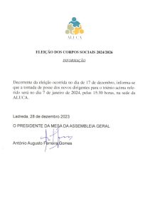 Read more about the article TOMADA DE POSSE ÓRGÃOS SOCIAIS ALUCA 2024/2026
